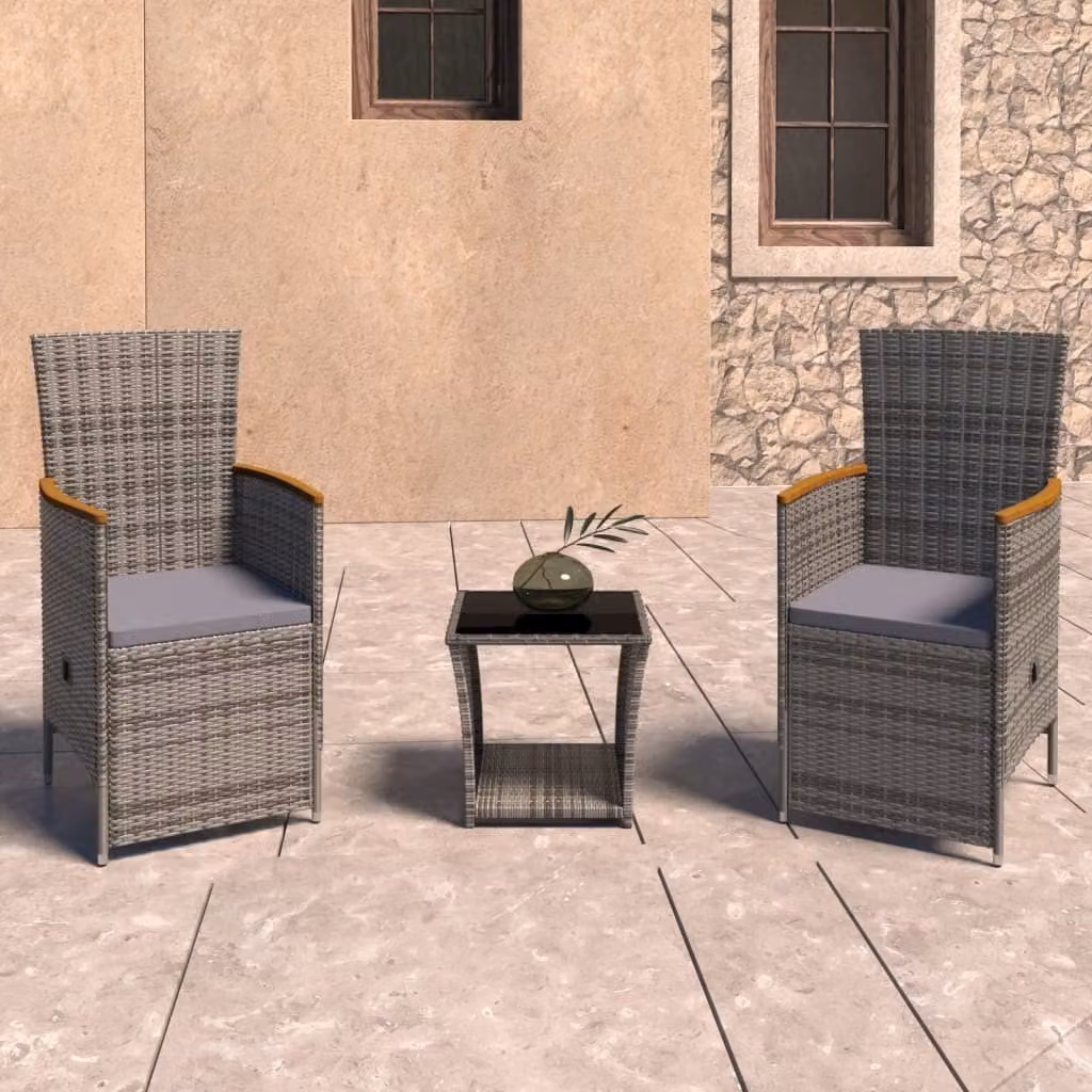 The Living Store Set da giardino 3 pezzi con cuscini in poly rattan grigio