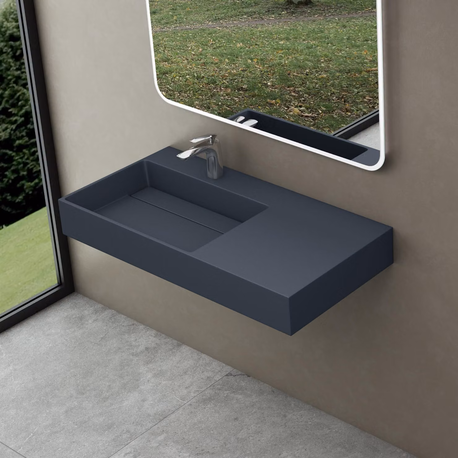 doporro Lavabo Bagno Sospeso Lavabo da Appoggio Rettangolare in Marmo Resina Antracite Opaco, Vasca a Sinistra 90x48x13 cm con 1 Foro Rubinetto e Piletta Scarico, Colossum12