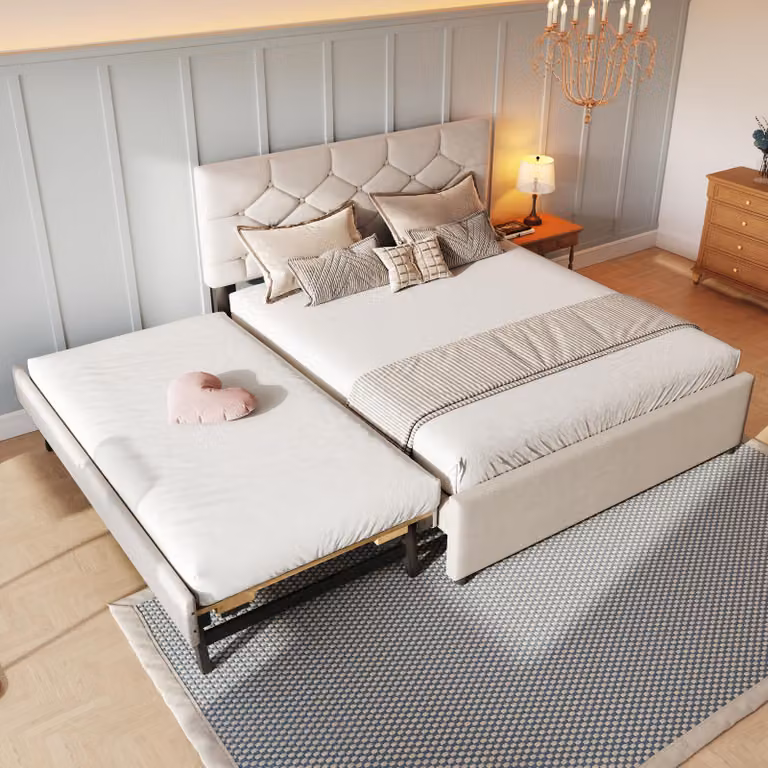 Letto imbottito MODFU con un materasso 140x200 letto per ragazzi con struttura in MDF, letto matrimoniale con letto a scomparsa, rete a doghe e contenitore, rivestimento in flanella e testata a bottoni, beige