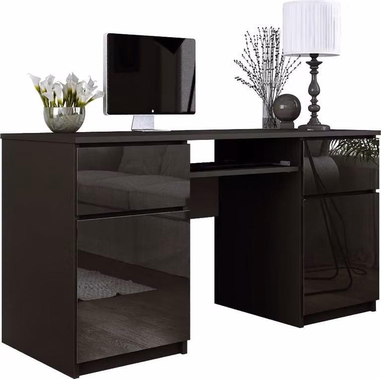 Scrivania: 2 cassetti, nero opaco / nero lucido, 135 x 77 x 50 cm