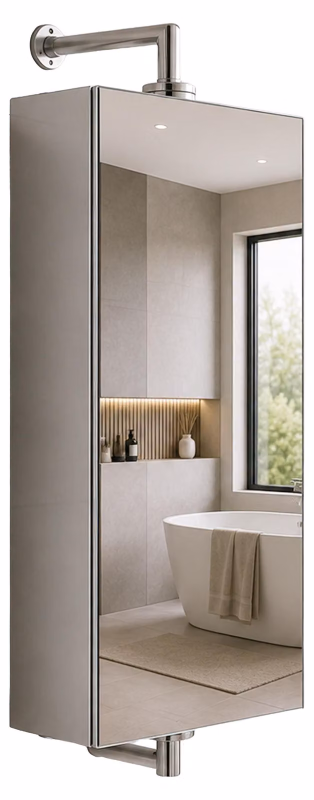 Relaxdays, mobiletto specchio girevole, con 3 scomparti aperti, da montare a parete, dimensioni: 60x25x12 cm, mobiletto per il bagno, acciaio inossidabile, colore argento