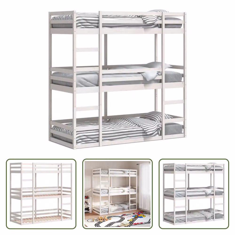The Living Store Letto a castello triplo bianco 90x200 cm in legno di pino massiccio