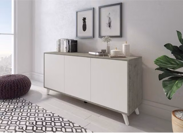 Madia moderna con 3 ante senza maniglie in stile minimal con piedini rialzati per soggiorno o ingresso, Bianco e Grigio Cemento, L: 154 cm, P: 40 cm, H: 72 cm – 1
