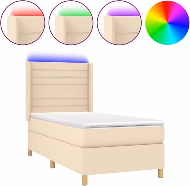 Letto singolo | Letto per adulti | Letto a Molle con Materasso e LED Crema 80x200 cm in Tessuto