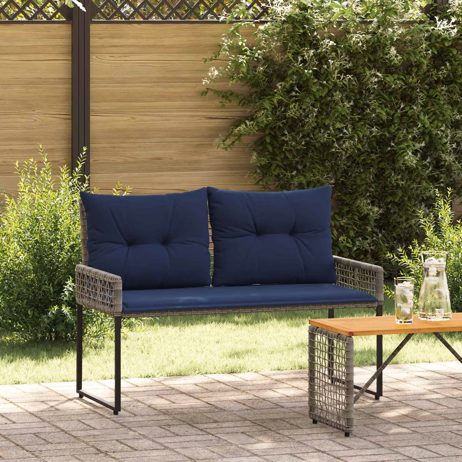 Panchina da esterno vidaXL in rattan e metallo con braccioli, Grigio e Blu, L 118 x P 55 x H 82 cm