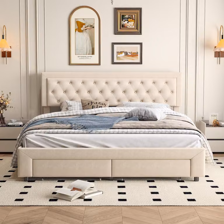 Letto a cassettone 160x200 con 2 cassetti, Letto imbottito con rete a doghe, tessuto in velluto e decorazione con bottoni, beige