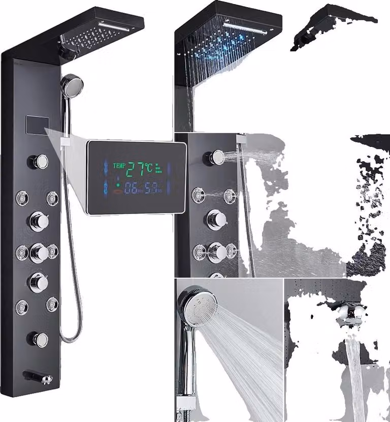 Pannello doccia, getti per il corpo, doccetta con display LED, nero 8009