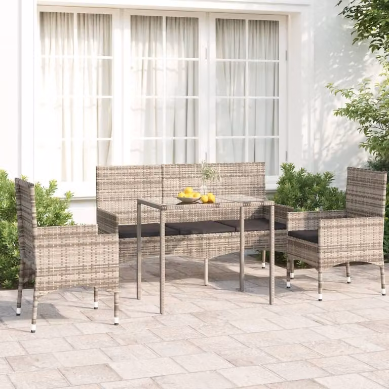 The Living Store Set salotto da giardino 4 pezzi con cuscini in poly rattan grigio