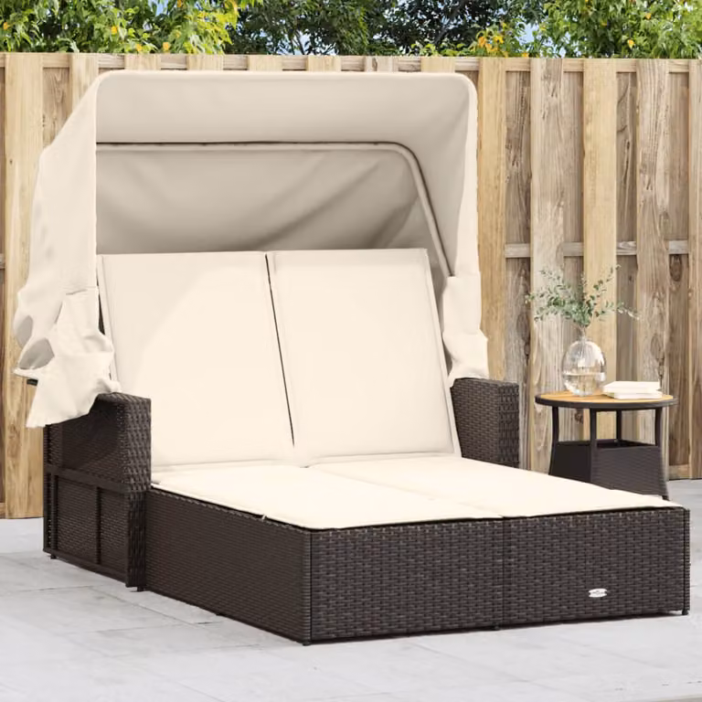 vidaXL Lettino Doppio con Baldacchino e Cuscini in Polyrattan Marrone e Bianco