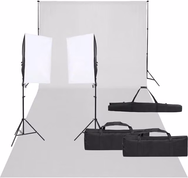 Kit per studio fotografico professionale con illuminazione LED e fondali bianco e nero