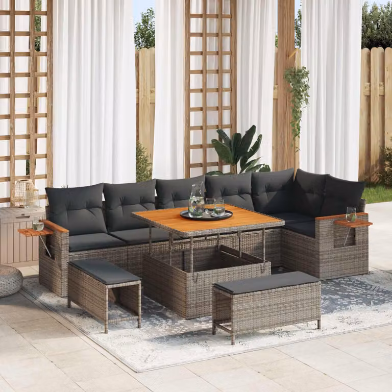 Set Divano da Giardino Moderno vidaXL in Polyrattan Grigio con 9 Pezzi e Cuscini