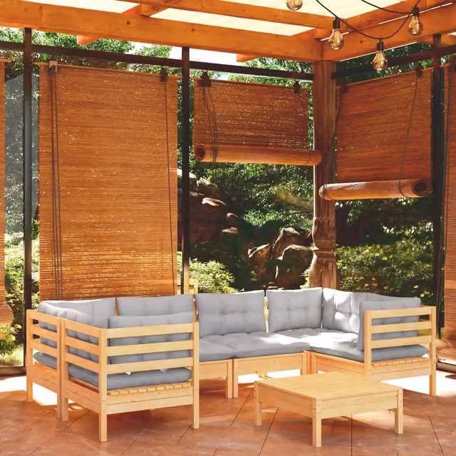 Set Divani da Giardino 7 pz con Cuscini Grigi Massello di Pino 3097300