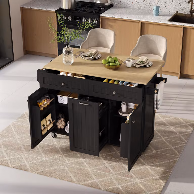 MODFU Isola da cucina allungabile con piano di lavoro pieghevole e cassetto, tavolo da pranzo con cassetti multifunzionali e cinque ruote piroettanti, nero