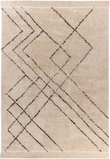 Tappeto Mylen Kendra Home in cotone beige e nero con frange e design geometrico scandinavo