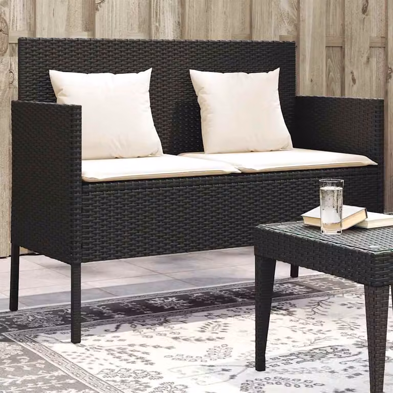 Panca da giardino vidaXL in polyrattan nera con cuscini e braccioli L: 110 cm, P: 61 cm, H: 87 cm