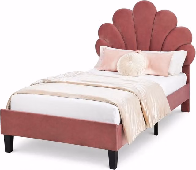 Letto imbottito singolo 90x200 cm con testiera a fiore in velluto rosso, rete a doghe inclusa, struttura in MDF e pannello truciolare per camera ragazzi