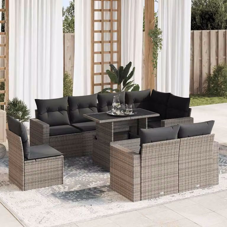 Set Divano da Giardino vidaXL 9 pz a forma a U in Polyrattan Grigio con Cuscini e Tavolino