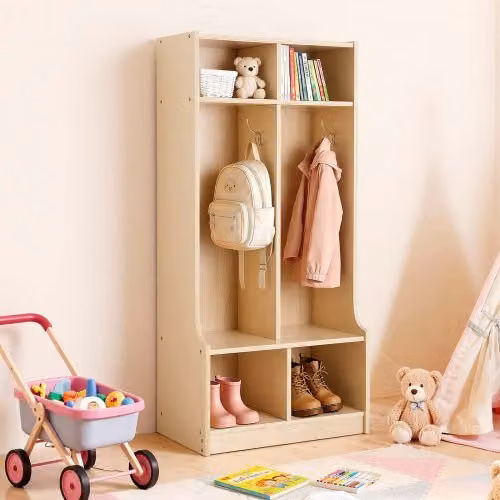 Armadietto Aperto VEVOR per Bambini con 2 Scomparti Verticali e Ganci, Ideale per Asilo, Scuola Materna e Camerette, Disponibile in Bianco o Marrone