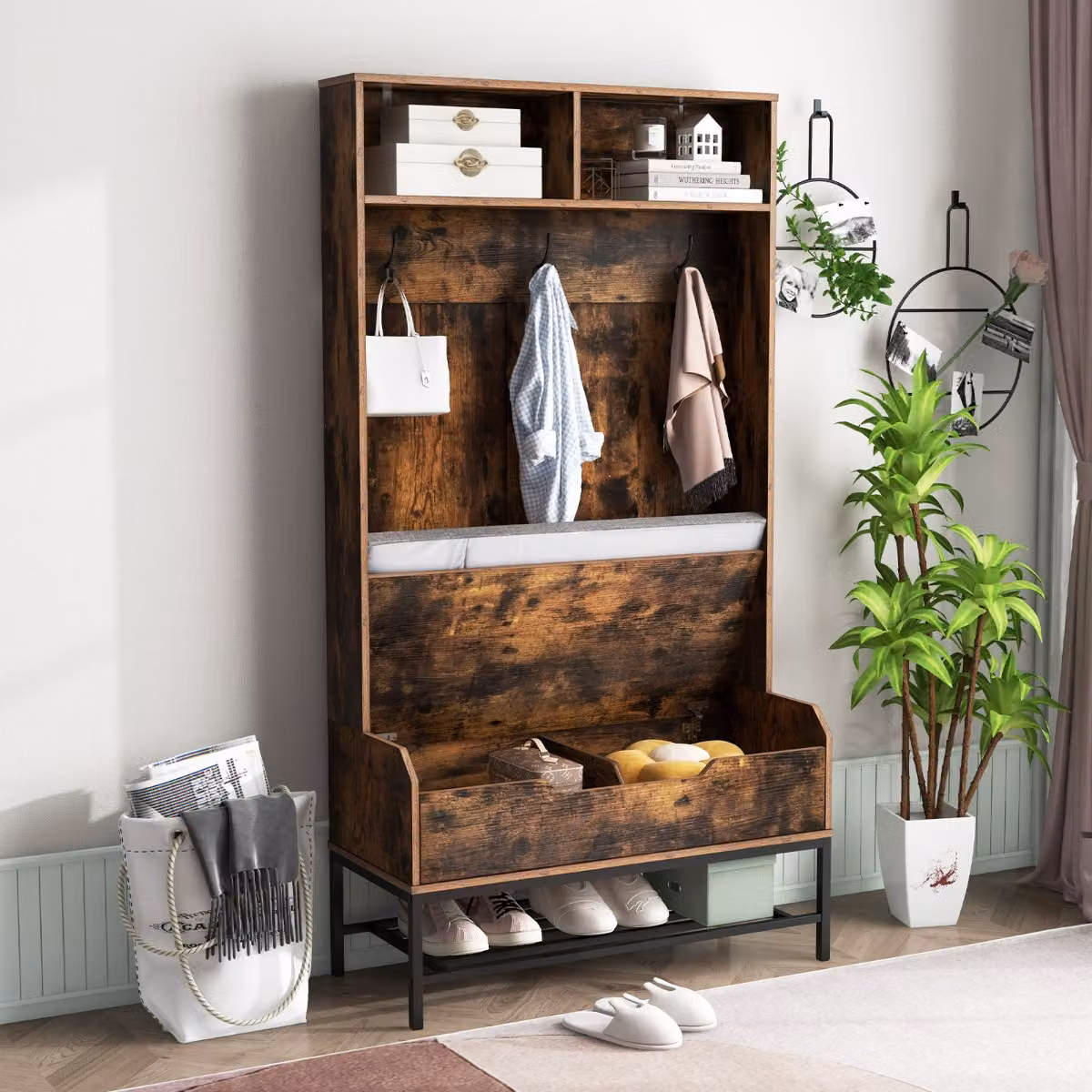 Appendiabiti da ingresso 4-in-1 Costway con panca imbottita e porta scarpe in stile industriale, colore marrone