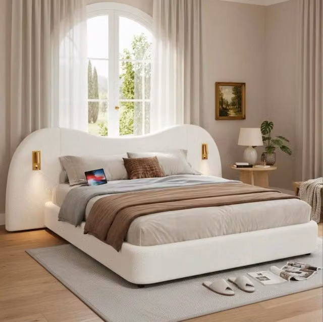 Letto matrimoniale contenitore 180x200 cm con rete; USB; luci lettura; bouclé bianco