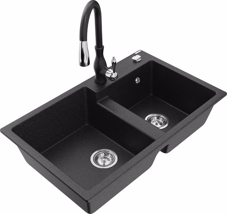 Mexen Tomas lavello in granito a 2 vasche con miscelatore da cucina Savita, nero/metallizzato argento - 6516-73-672601-70