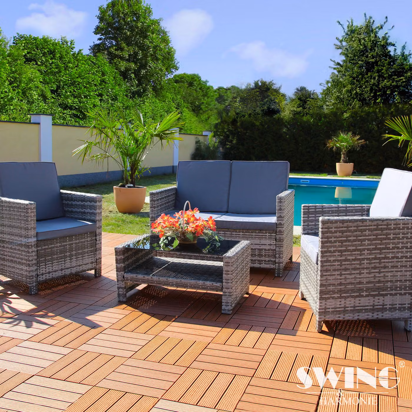 Set da salotto in rattan per 4 persone - Set di mobili da giardino - Set divano in polyrattan Miami - grigio