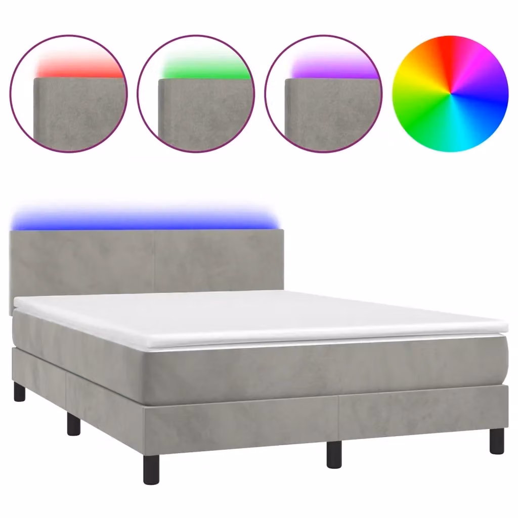 Letto Ibrido con Materasso e Illuminazione LED vidaXL in Velluto Grigio L: 140 cm, P: 200 cm, H: 88 cm – 2