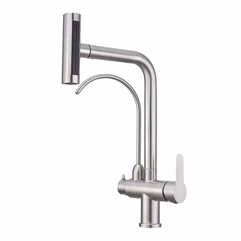 rubinetto da cucina girevole a 360°, doppio supporto, acqua calda e fredda, acciaio inox, spazzolato