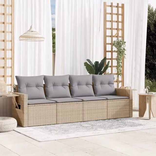 Set Divano da Giardino 4 pz con Cuscini-Sofa da Giardino-Divanetto da esterno Beige in Polyrattan 597158