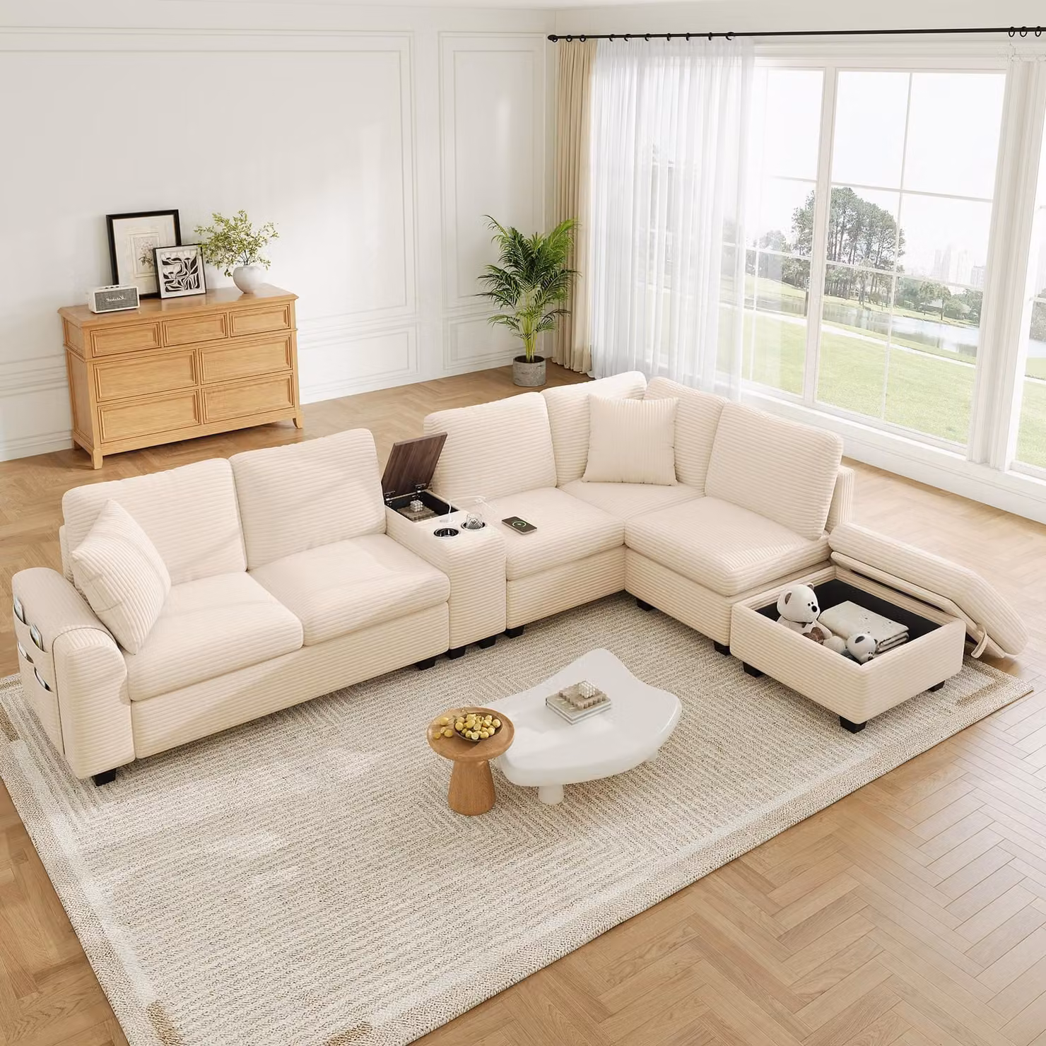 Divano angolare okwish con pouf contenitore, divano a forma di "U" con tasche laterali e portabicchieri, divano classico con porte USB/Type-C, color beige