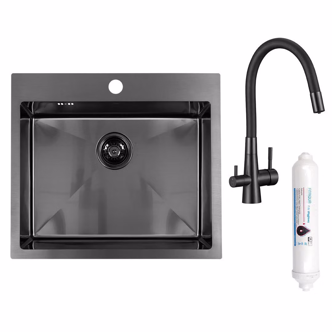 Lavello con una vasca, sifone e miscelatore da cucina con sistema di filtraggio, lavello monovasca, colore grafite