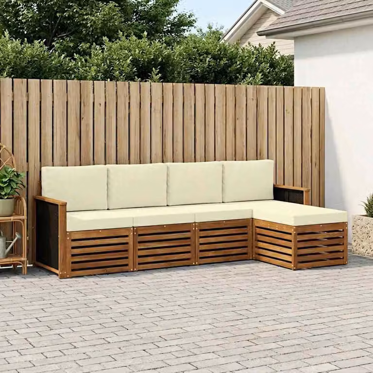 Set di divani da esterno vidaXL a forma di L in legno di acacia con pouf e cuscini, colore marrone e beige