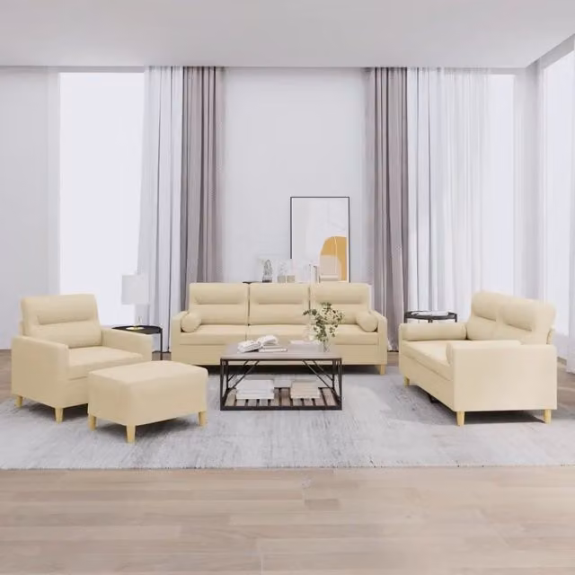 Set di Divani Moderno vidaXL in Tessuto Beige con Cuscini e Pouf per Soggiorno