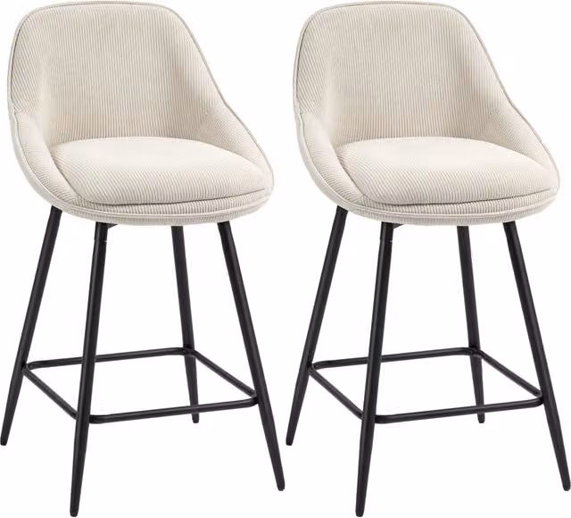 Set di 2 Sgabelli da Bar in Velluto a Coste con Schienale Curvo Poggiapiedi e Gambe in Acciaio per Cucina Isola Crema 49x52x88cm