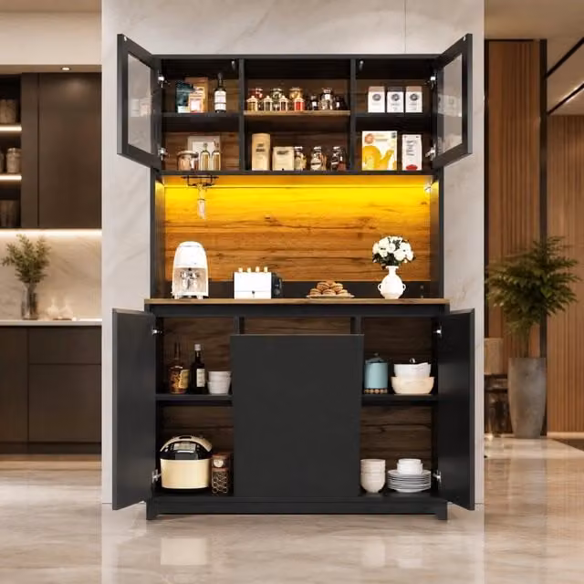 Mobile da cucina ULEVR 120x40x180 cm con vani, ante in acrilico, LED RGB controllabili tramite app, nero