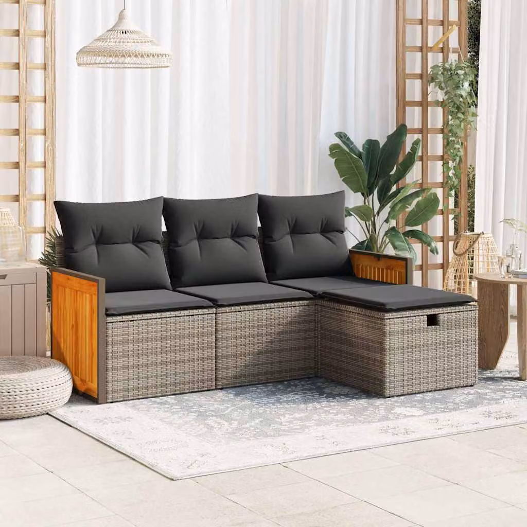 Set di divani da giardino vidaXL 4 pezzi a forma di L con cuscini grigi in polyrattan e struttura in acciaio