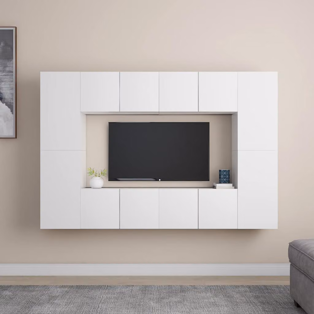 Set Mobili Porta TV Moderno vidaXL in Legno e MDF Bianco Opaco, 8 Pezzi per Soggiorno