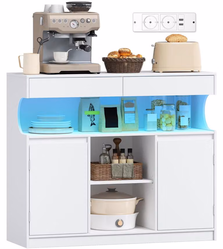 Mobile contenitore con presa di corrente integrata e illuminazione a LED, 2 cassetti, 2 ante, ripiani regolabili, dimensioni 100x85 cm, colore bianco, modello SC64903X