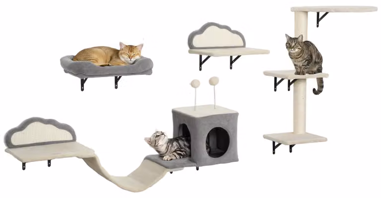 PawHut Parete da arrampicata per gatti, set da 4 pezzi con tiragraffi e cuccia