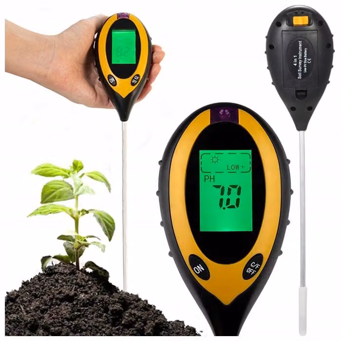 Test pH e umidità del terreno 4 in 1 con temperatura e luce solare, sonda 20 cm, batteria 9V inclusa