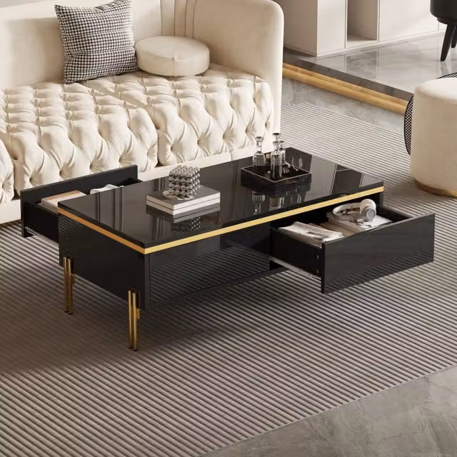 Tavolino da salotto con 2 cassetti nascosti su due lati, finitura lucida, gambe dorate, nero, 100 × 50 × 36 cm