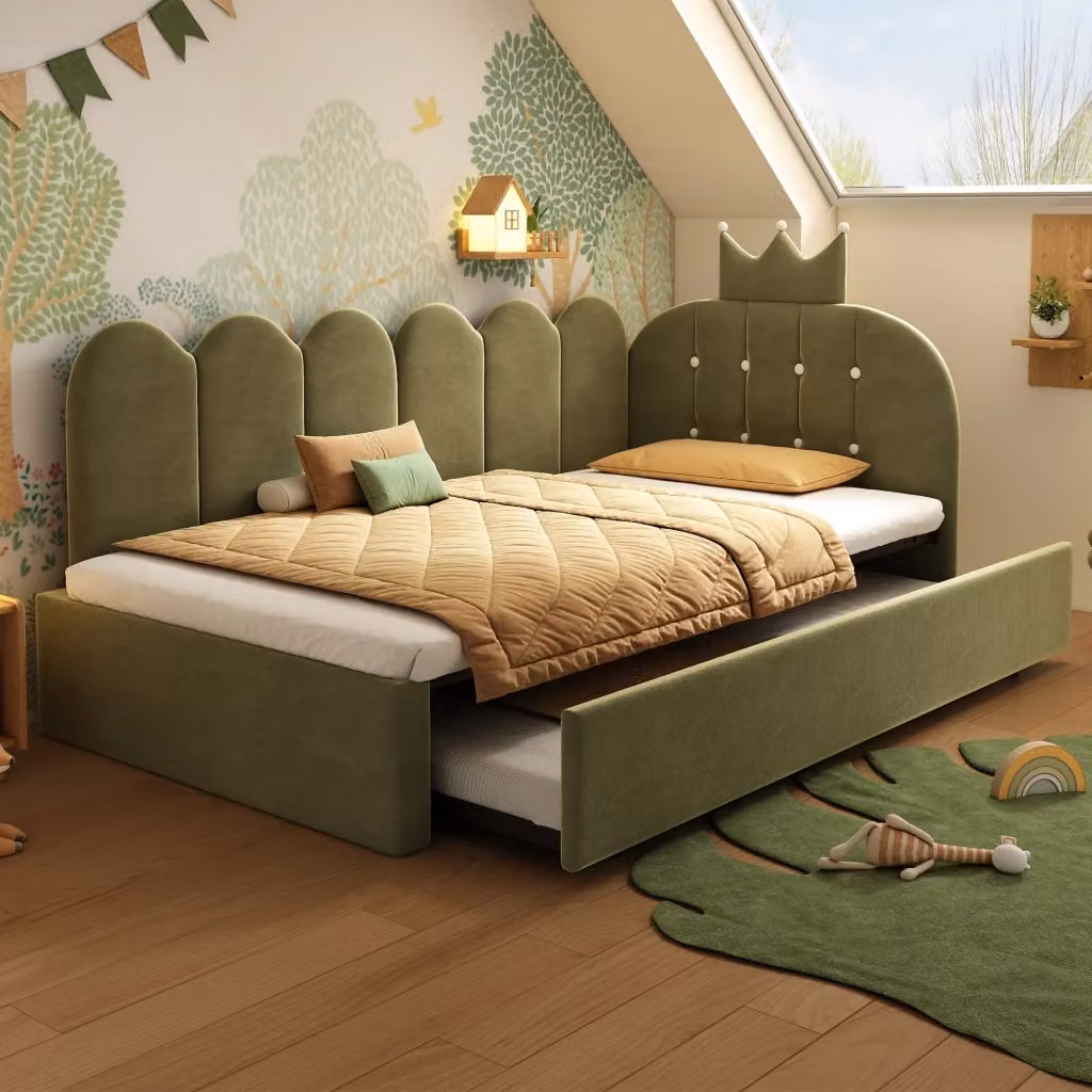 Letto daybed imbottito in velluto verde WISHDOR con letto estraibile L/P/H: 203 x 90 x 98 cm – 2
