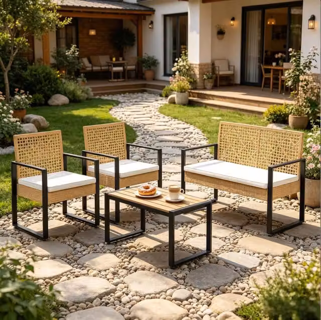 Set di Mobili da Giardino in PE Rattan Naturale con Divano 2 posti, 2 Poltrone e Tavolino
