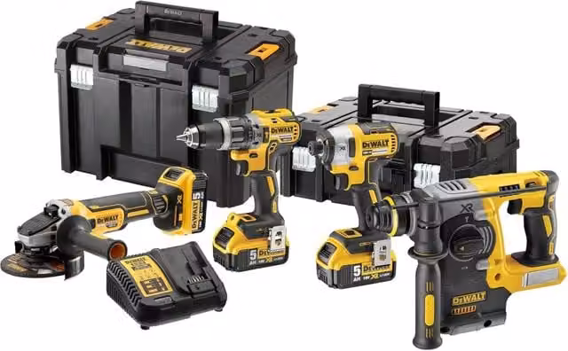 Kit Completo DeWalt 18V Giallo con Trapano, Avvitatore a Impulsi, Smerigliatrice e Martello Tassellatore DCK422P3T-QW