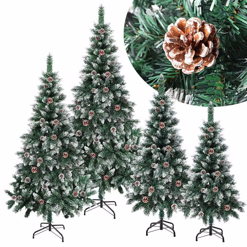 Albero di Natale artificiale con pigne e decorazioni a forma di neve, realizzato in PVC, facile da montare con sistema a innesto, riutilizzabile, altezza 180 cm