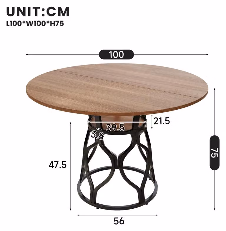 Tavolo rotondo da pranzo - Tavolo da cucina - 100 x 100 x 75 cm - Per 4-6 persone - Piano integrato - Piano in MDF - Struttura in metallo - Noce/Nero
