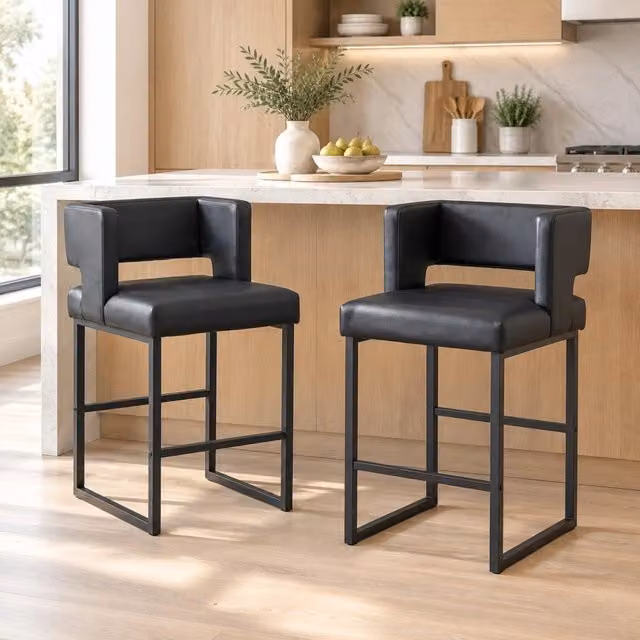 Sgabello da bar nordico con seduta quadrata imbottita in PU nero e gambe in metallo