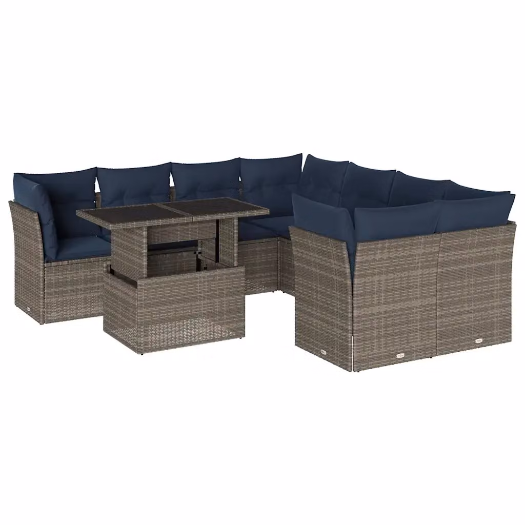 Set di Divani da Giardino a Forma di U vidaXL in Polyrattan con Cuscini e Tavolino da Caffè, Grigio e Blu – 2