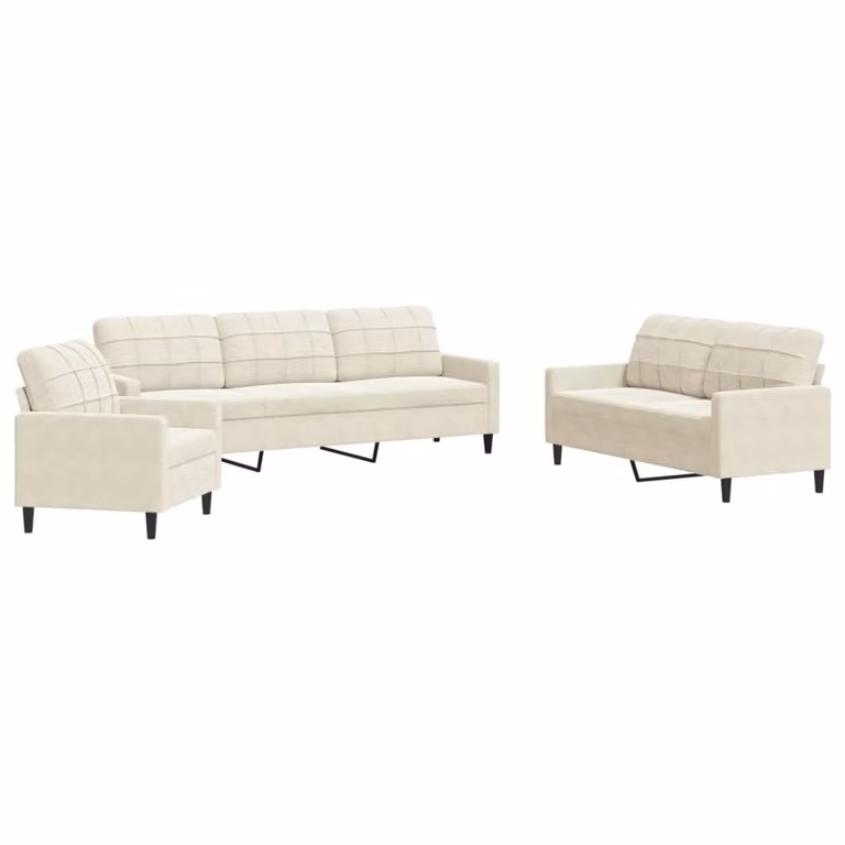Set di Divani 3 pz con Cuscini Crema in Velluto