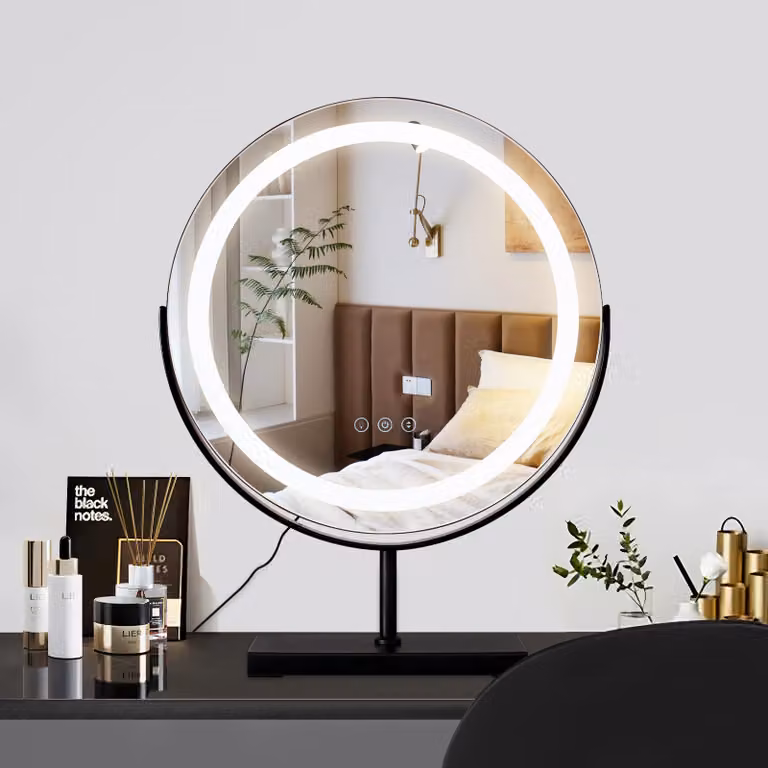 Specchio da trucco a LED, forma circolare, diametro 40 cm, dimmer touch, 3 colori, rotazione a 360°, colore nero